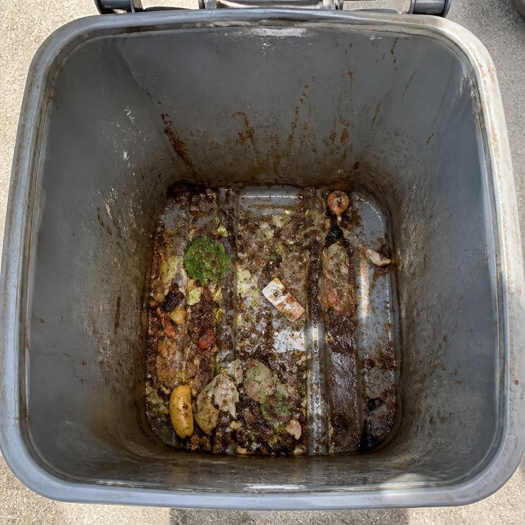 Trash can caked with grime and residue before cleaning